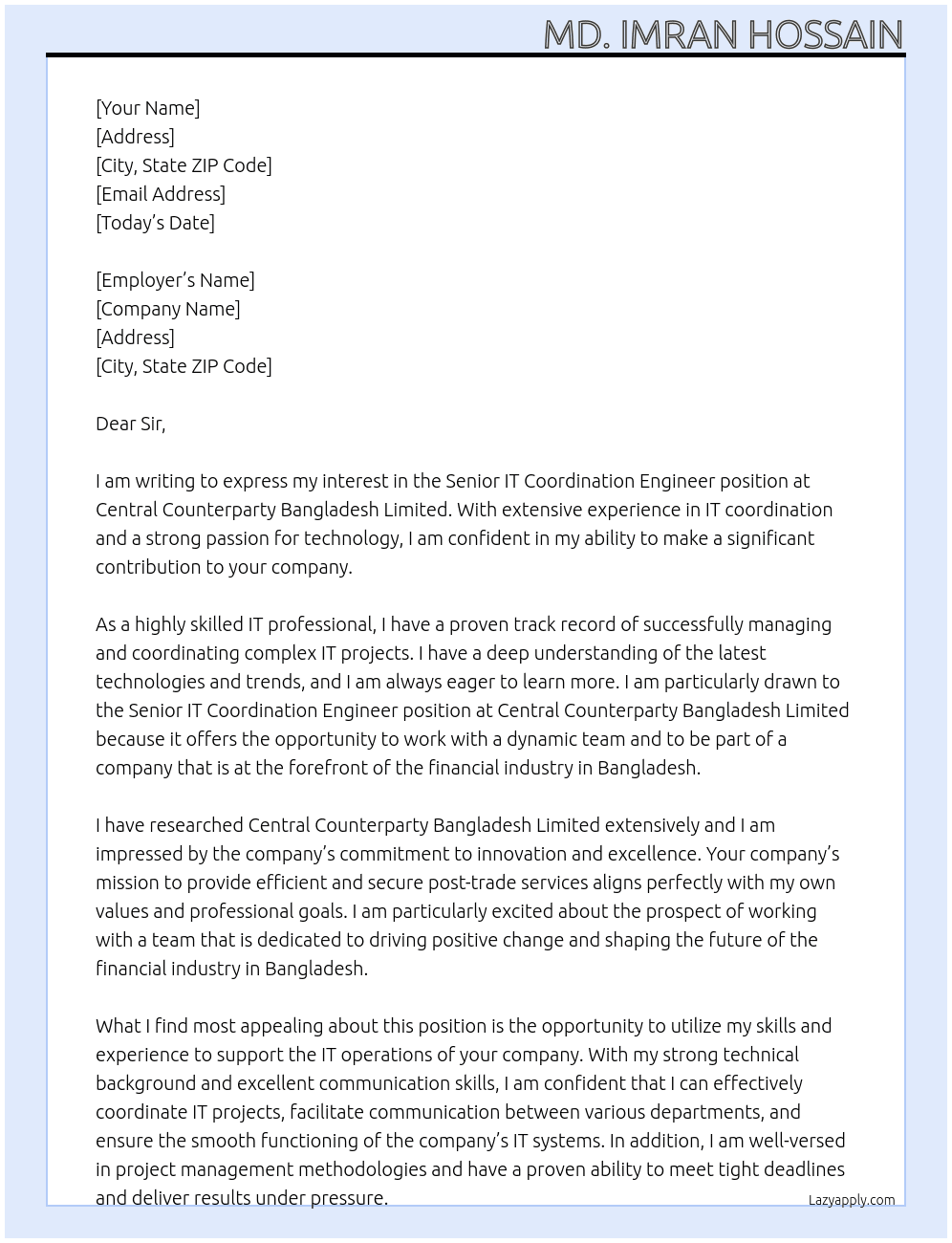 Senior IT Coordination Engineer At Central Counterparty Bangladesh Limited  Cover Letter