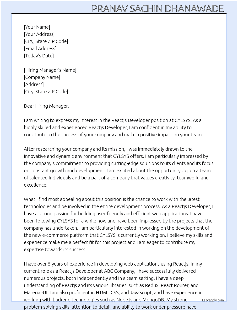 Reactjs Developer  At CYLSYS Cover Letter