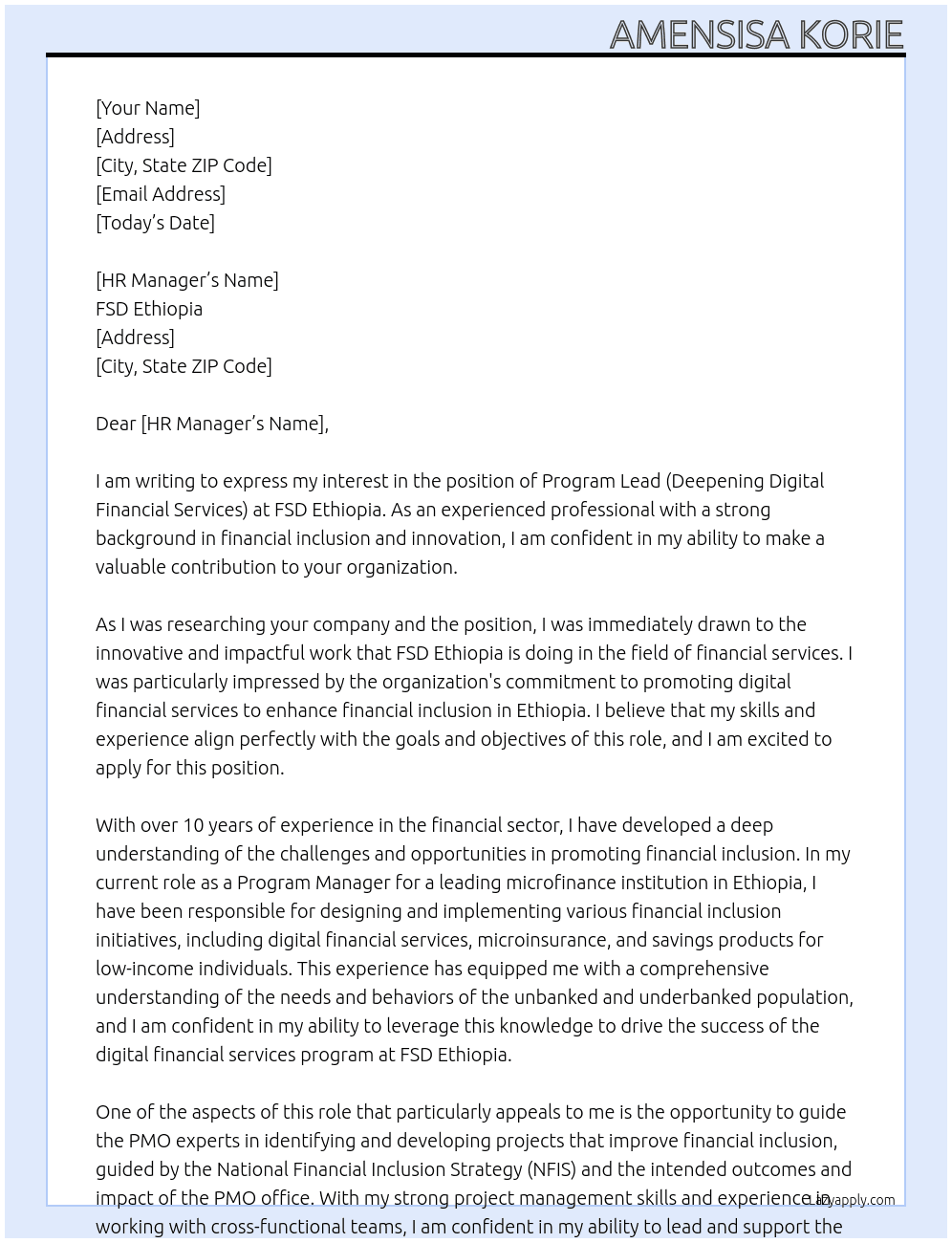 PROGRAM LEAD (DEEPENING DIGITAL FINANCIAL SERVICES)  At FSD Ethiopia Cover Letter