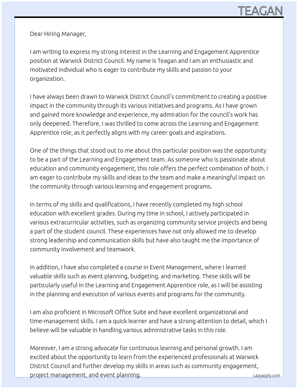 Learning and Engagement Apprentice At Warwick District Council Cover Letter