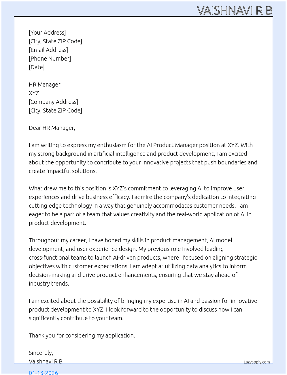 Cover letter for ai product manager - LazyApply