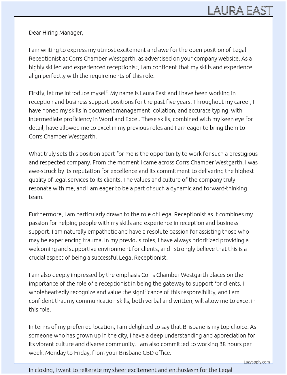 Legal Receptionist At Corrs Chamber westgarth Cover Letter