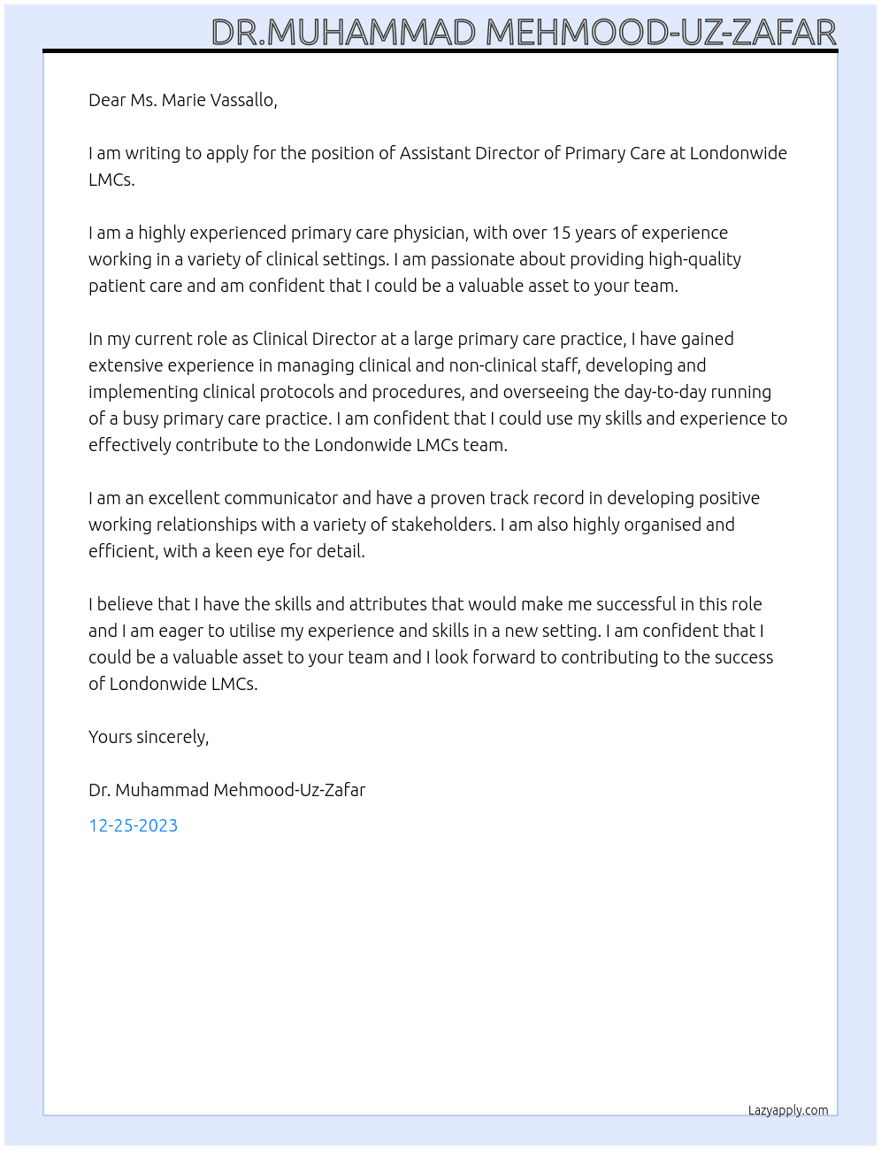 Assistant Director of Primary Care At  Londonwide LMCs Cover Letter
