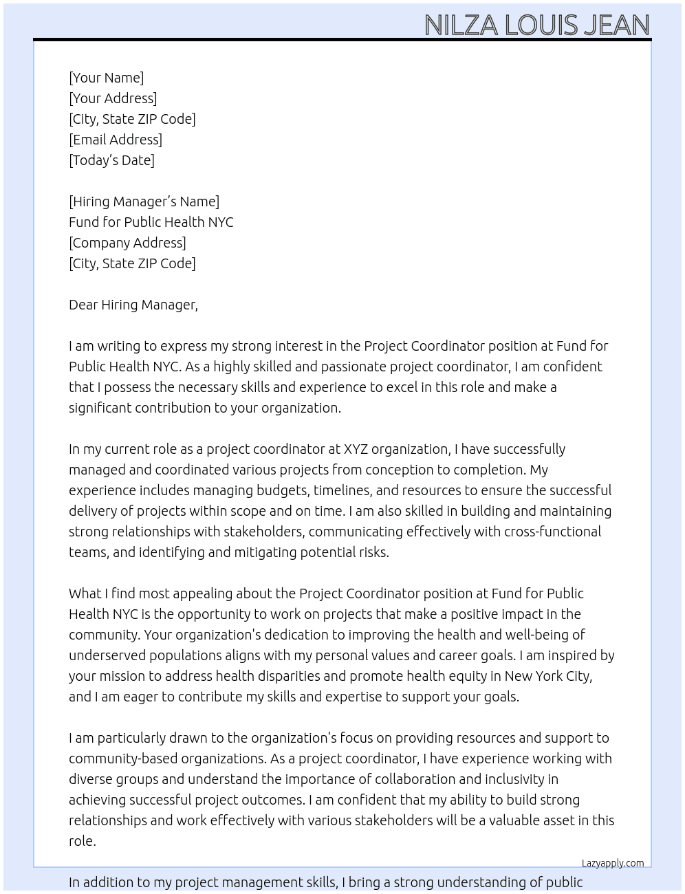 Project Coordinator At Fund for Public Health NYC Cover Letter