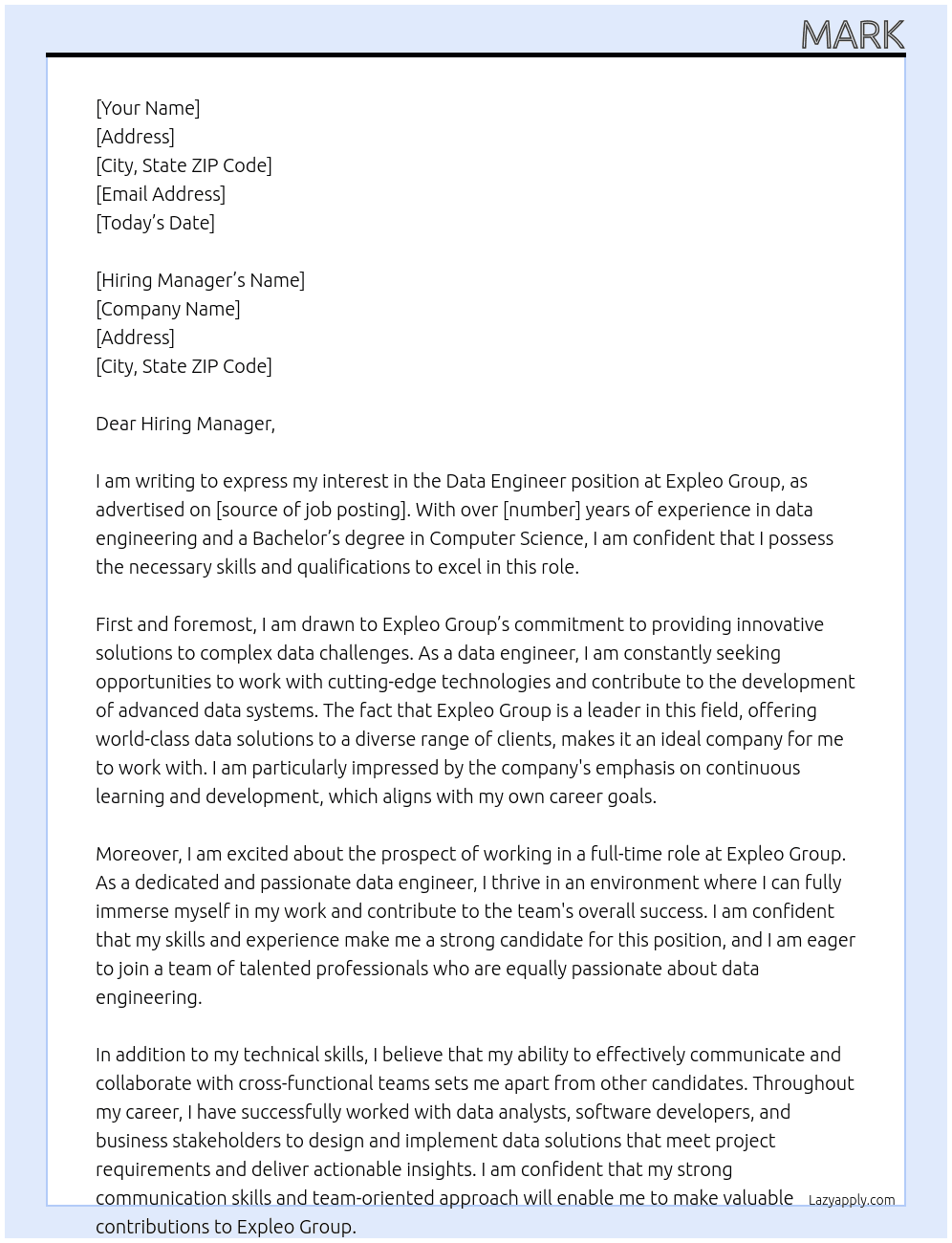 Data Engineer At Expleo Group Cover Letter