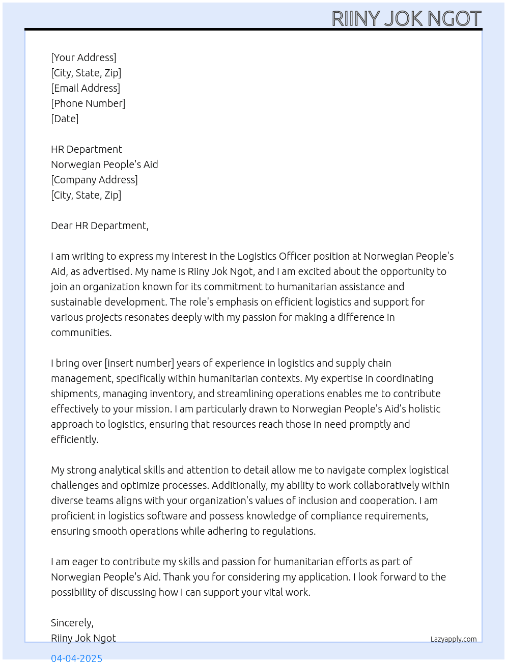 Logistics Officer At Norwegian People's aid Cover Letter
