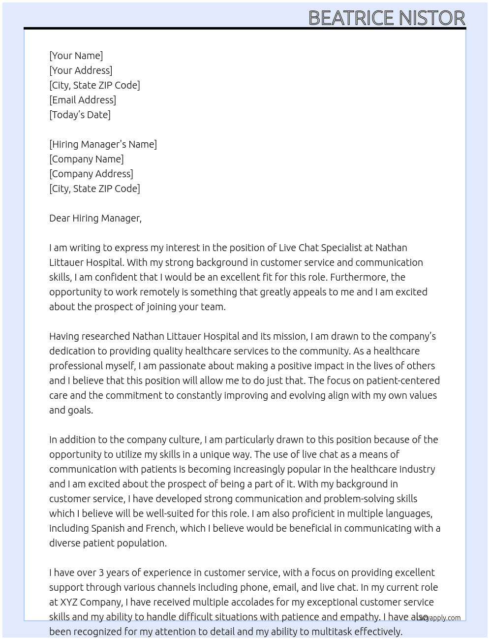 Live Chat Specialist at Nathan Littauer Hospital At Nathan Littauer Hospital Cover Letter