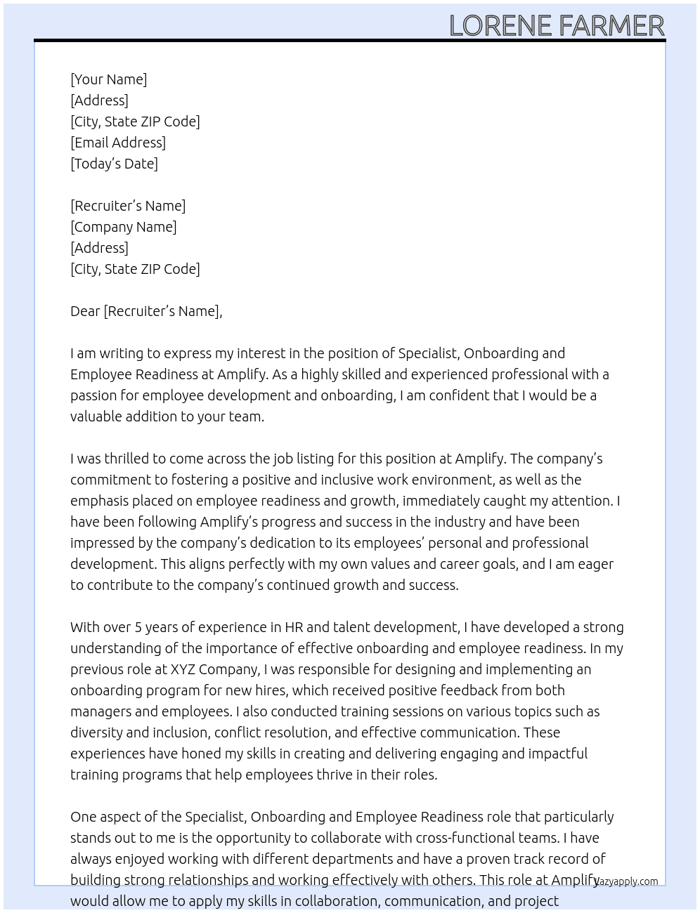 Specialist, Onboarding and Employee Readiness At Amplify Cover Letter