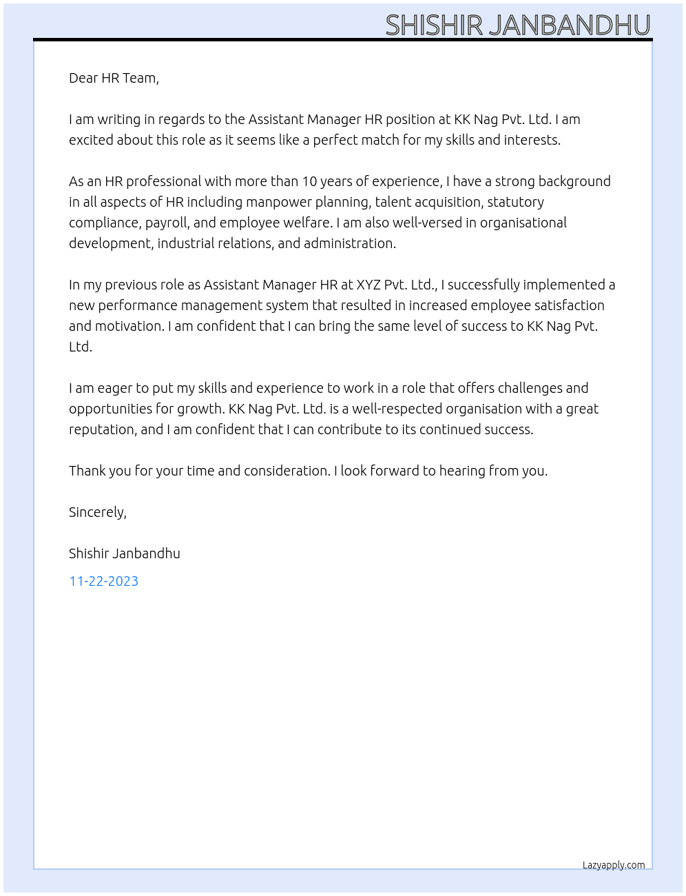 Assistant Manager HR At KK Nag Pvt. Ltd. Cover Letter