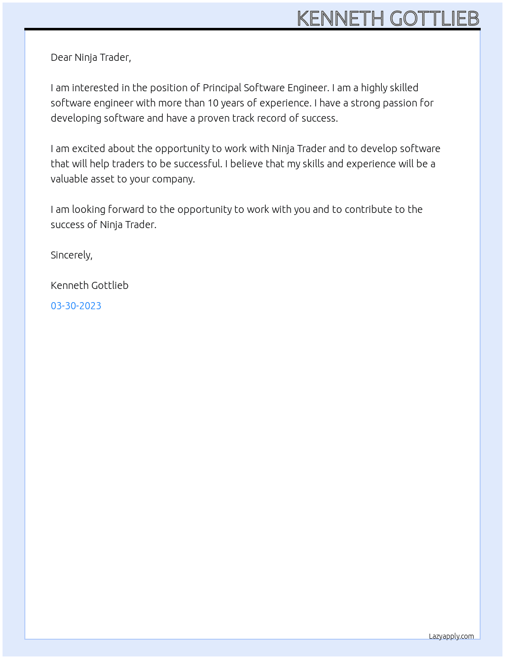 Principal Software Engineer At Ninja Trader Cover Letter