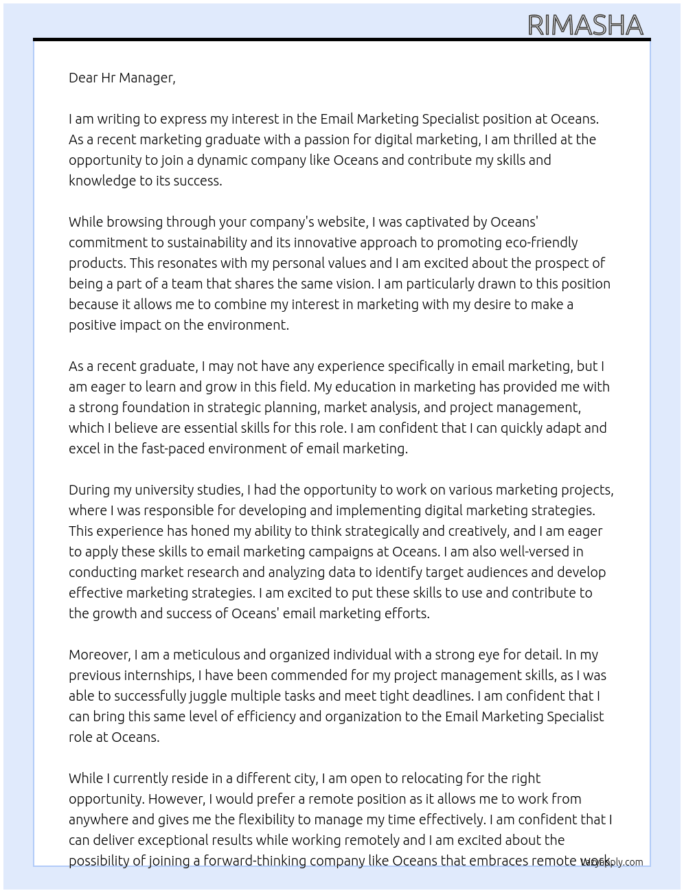 email marketing specialist /  At Oceans Cover Letter