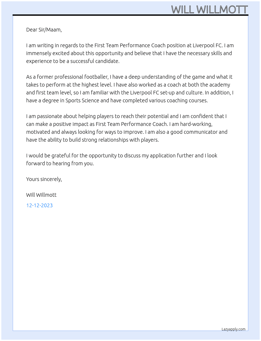 First Team Performance Coach At Liverpool FC Cover Letter
