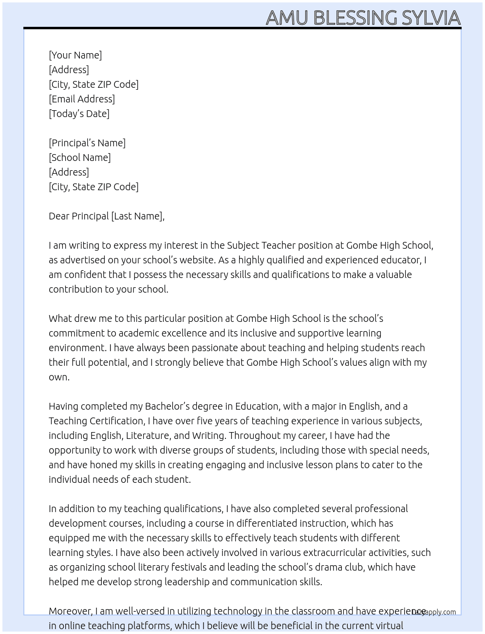Subject teacher At Gombe high school Cover Letter
