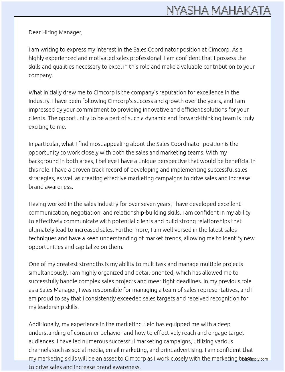 sales coordinator At Cimcorp Cover Letter
