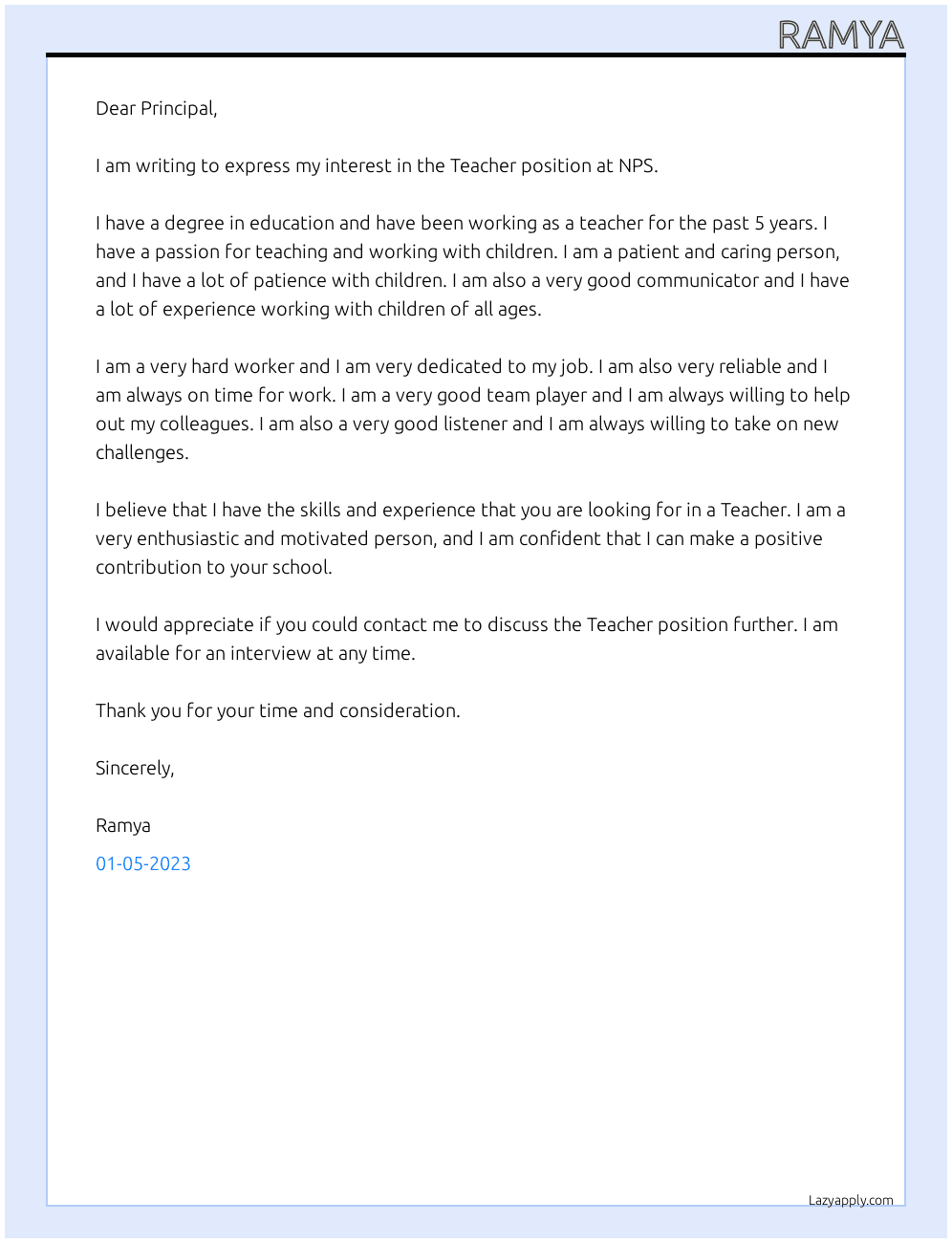 Teacher At NPS Cover Letter