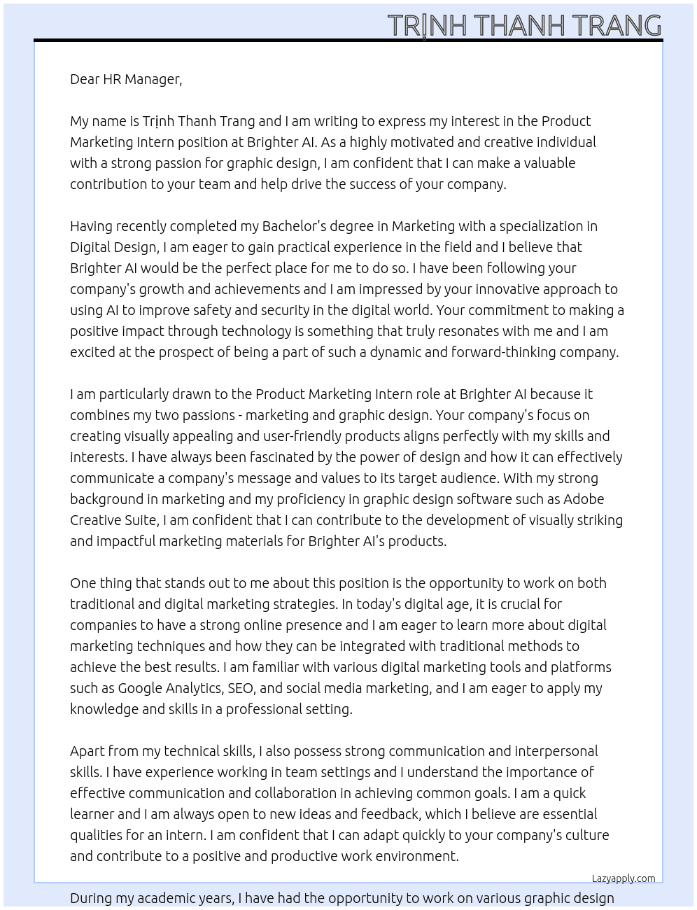 Product Marketing Intern At Brighter AI Cover Letter