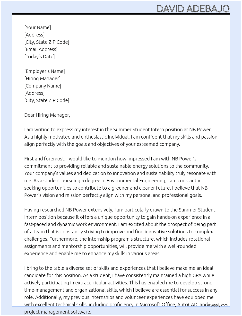 Summer student intern At NB power Cover Letter
