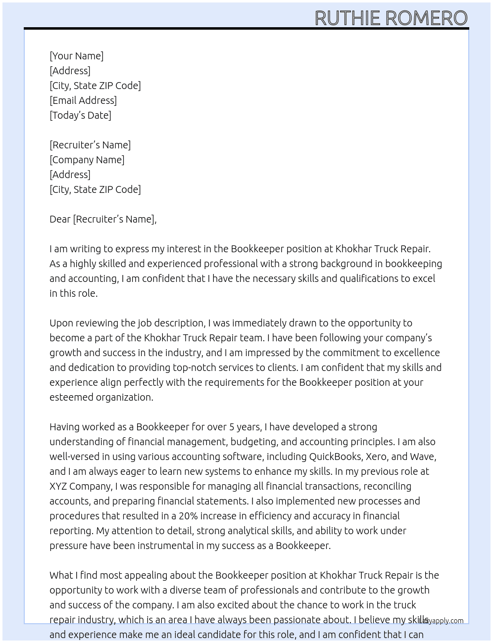 Bookkeeper At Khokhar Truck Repair Cover Letter