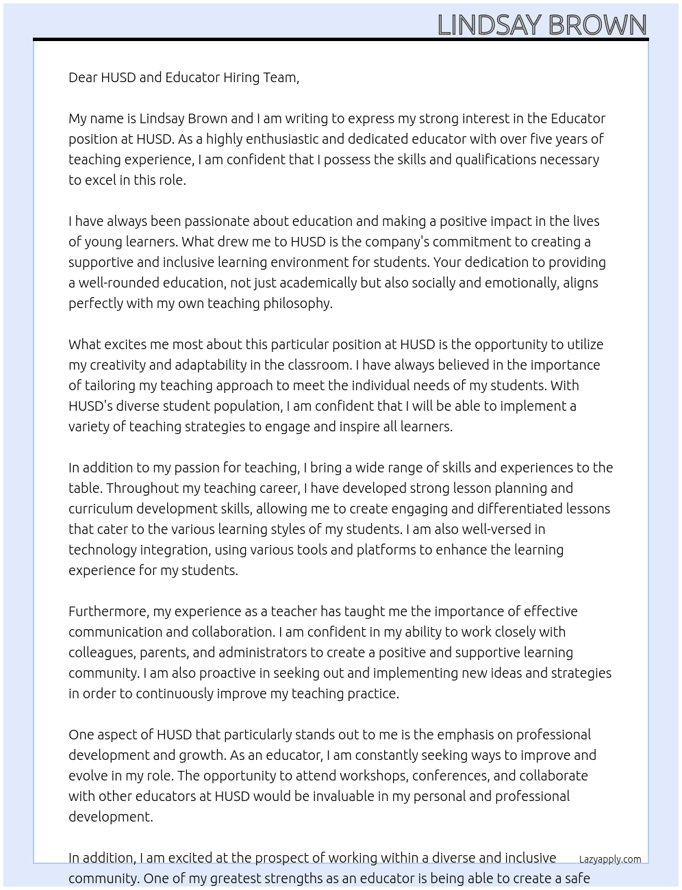 Educator At HUSD Cover Letter