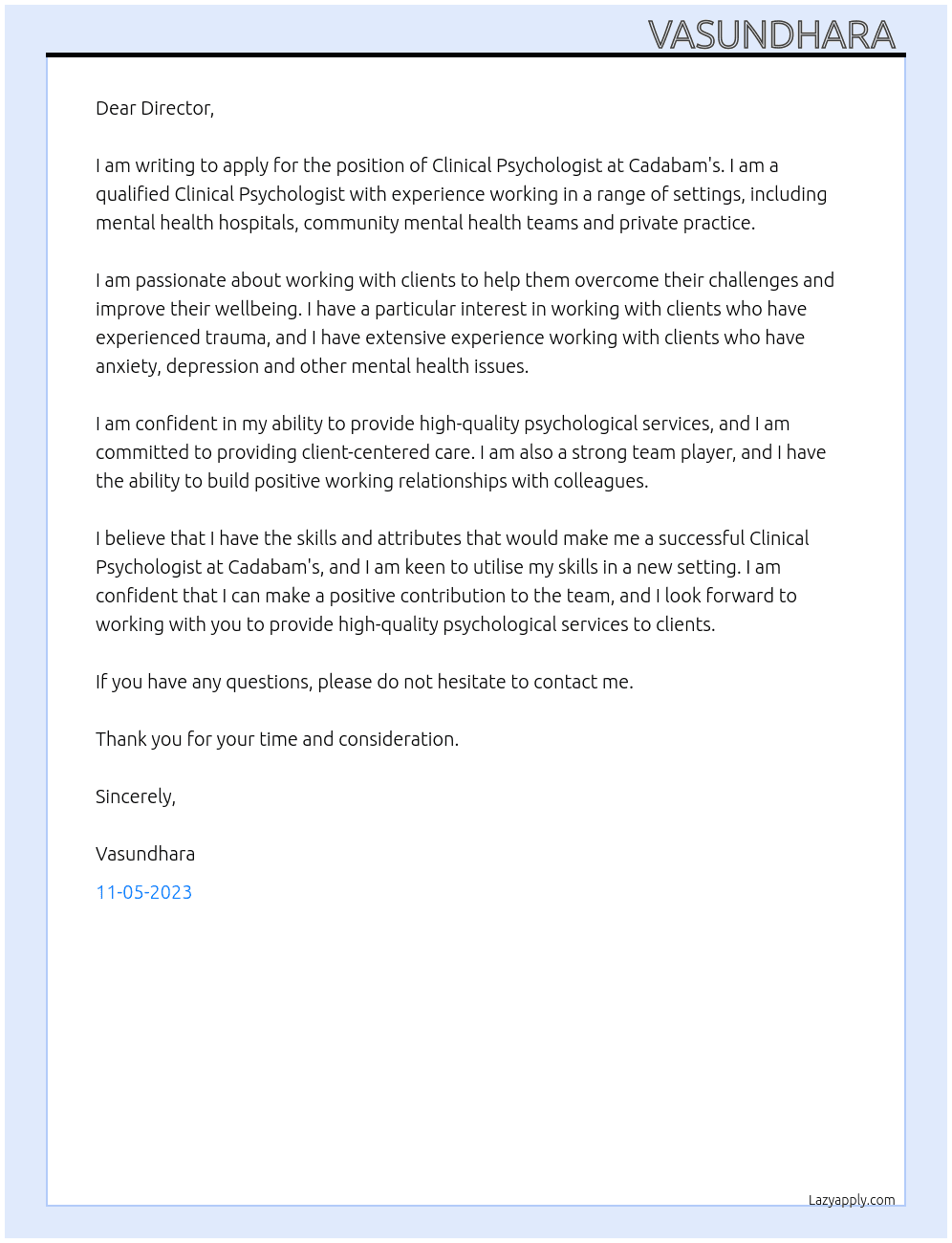 Clinical Psychologist  At Cadabam's  Cover Letter