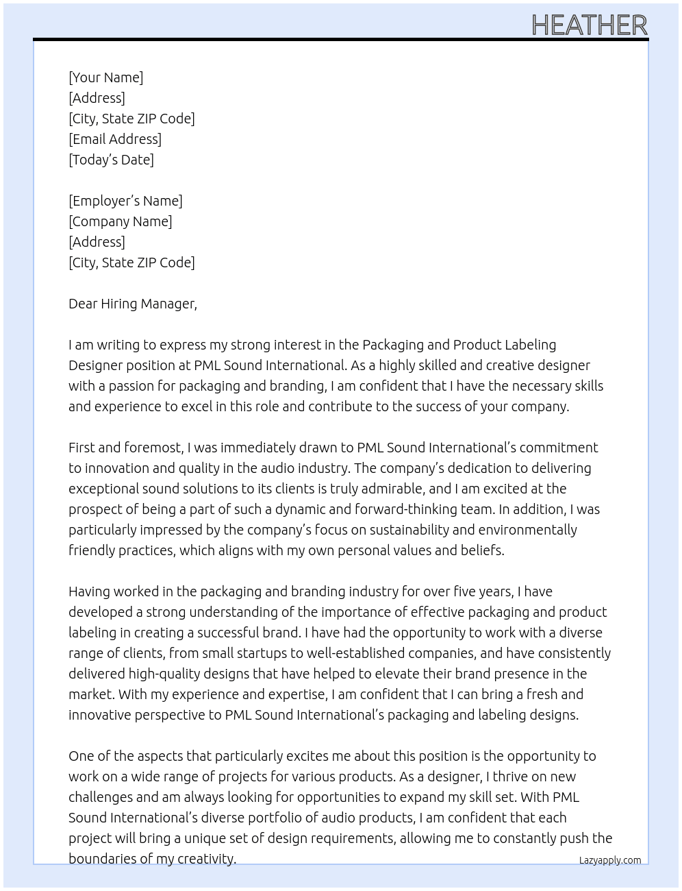Packaging and Product Labeling Designer At PML Sound International Cover Letter