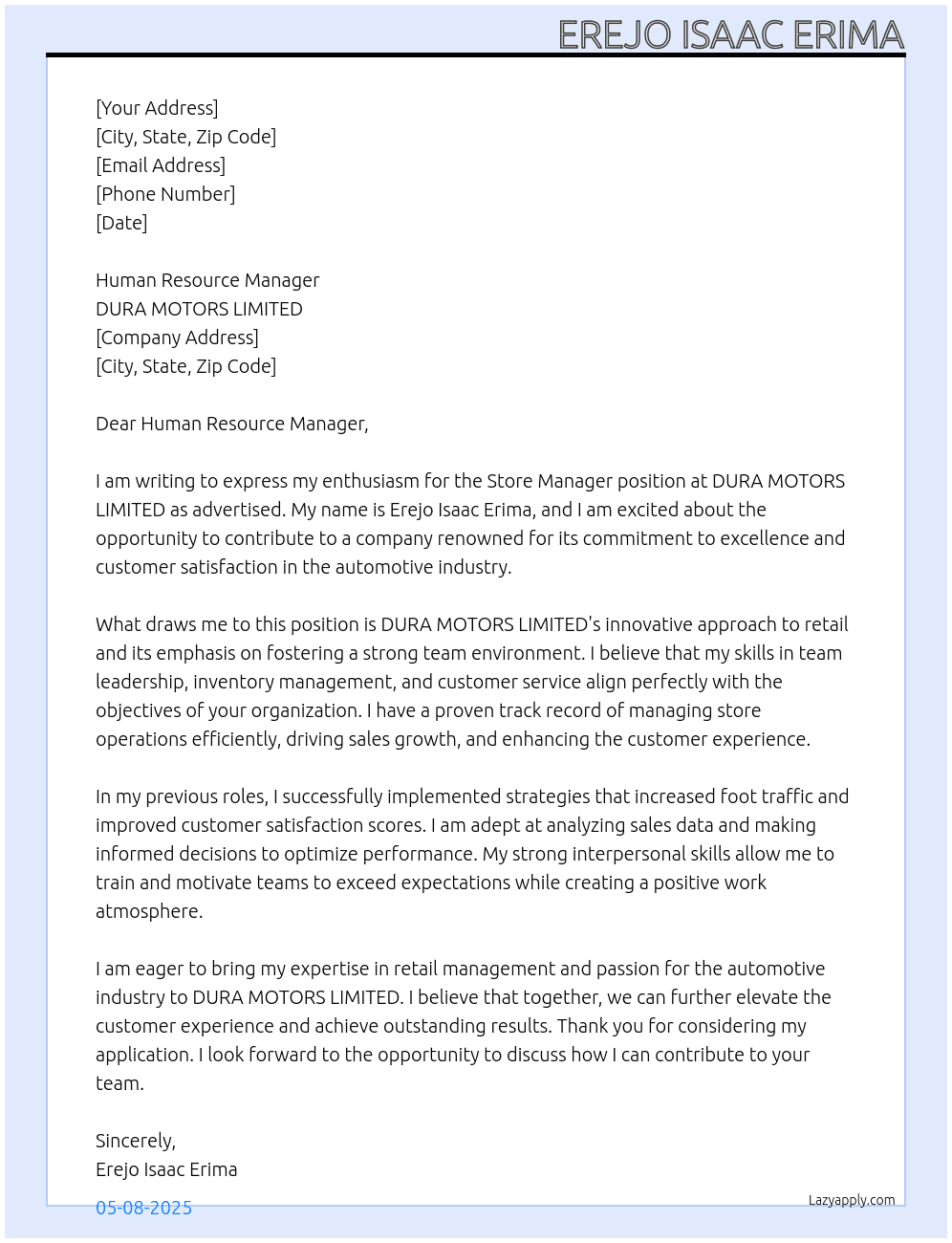 Store Manager At DURA MOTORS LIMITED Cover Letter