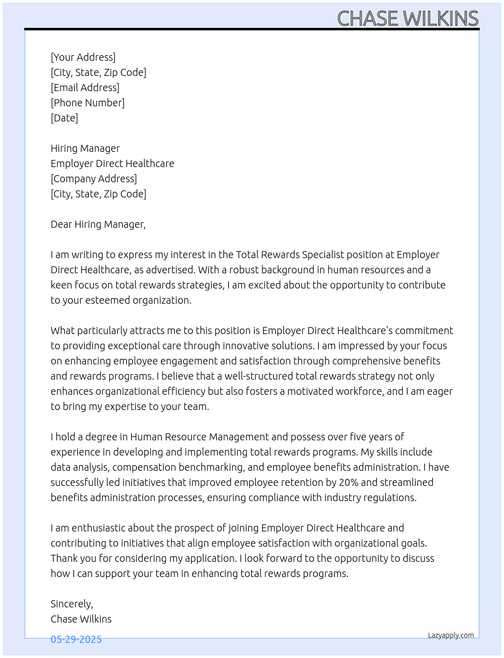 Total Rewards Specialist At Employer Direct Healthcare Cover Letter