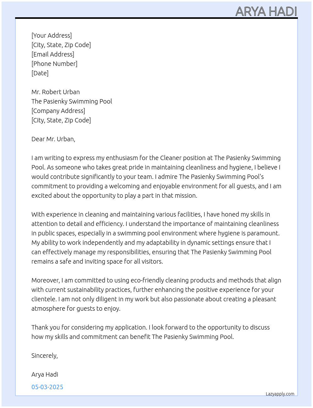 Cleaner  At the Pasienky swimming pool Cover Letter