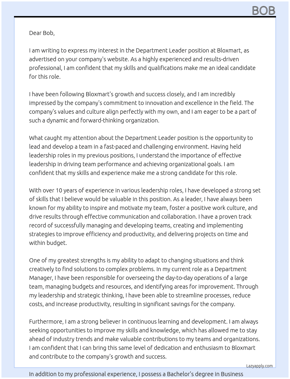 Department leader  At bloxmart  Cover Letter