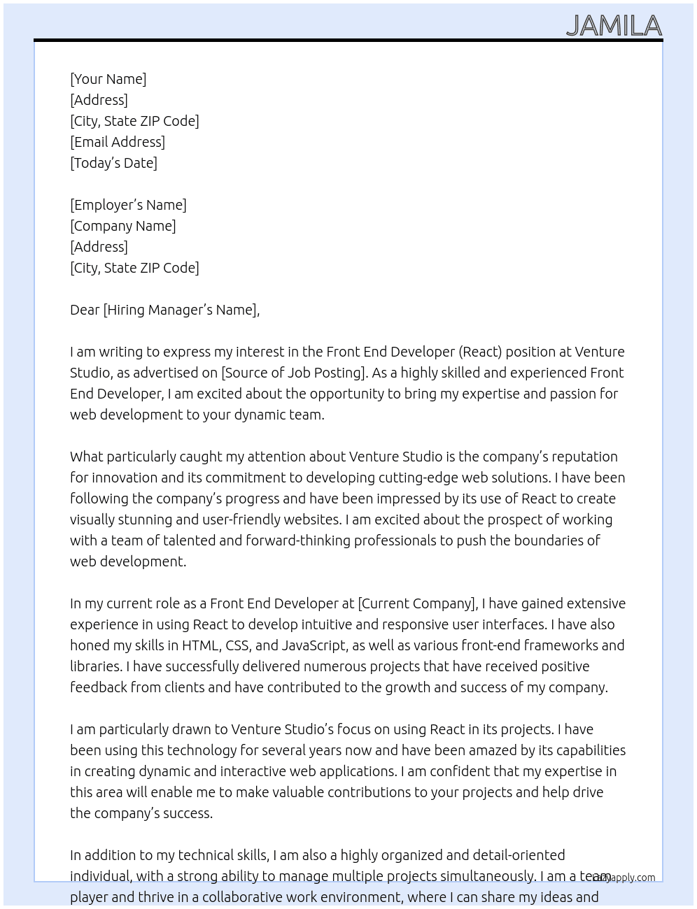 - Front End Developers (React) At  Venture Studio Cover Letter