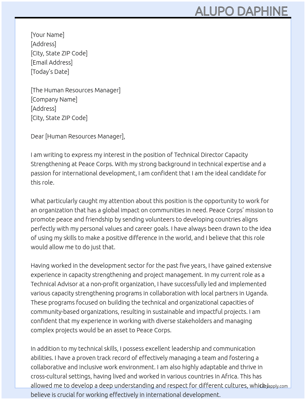 Technical Director Capacity Strengthening  At Peace Corps  Cover Letter