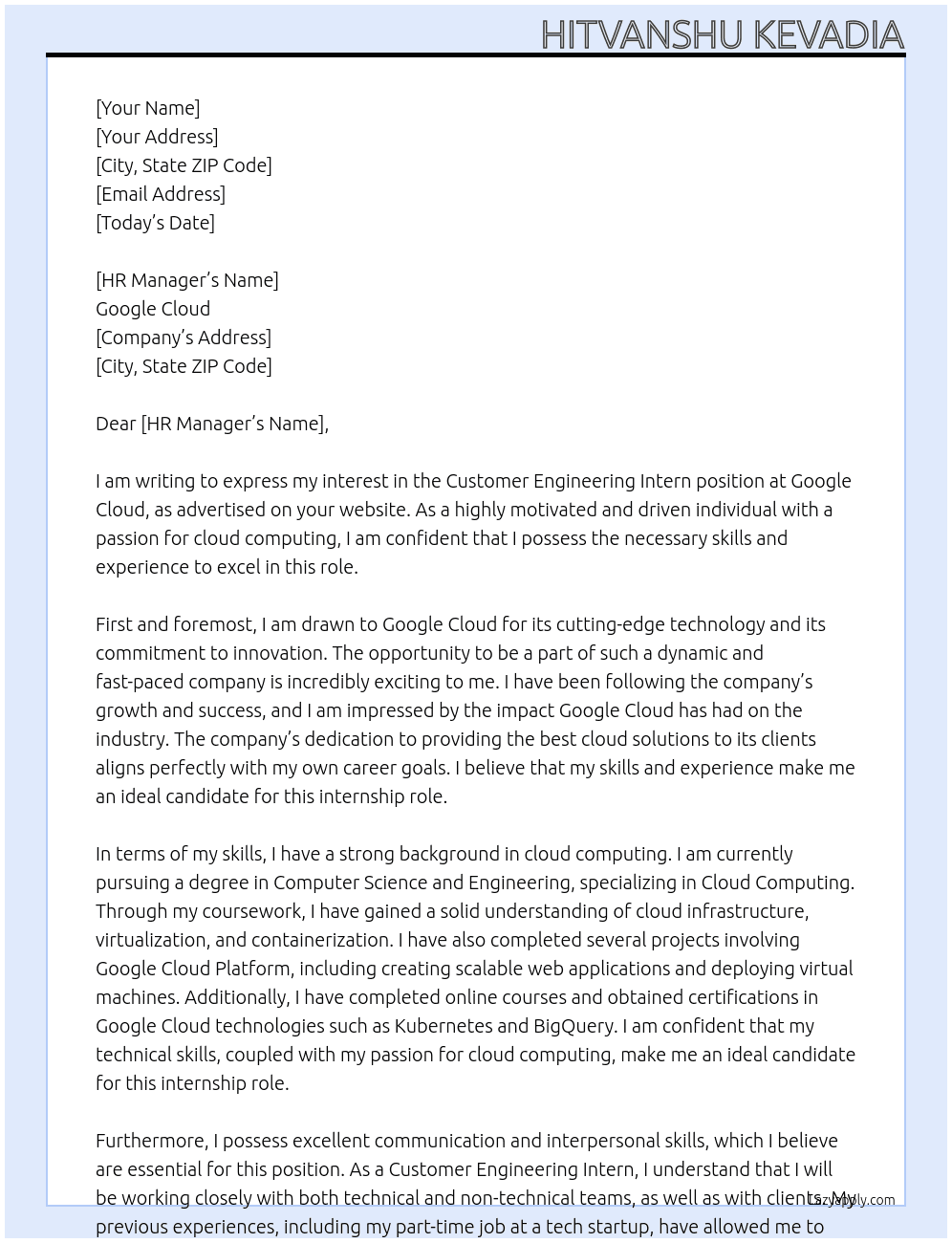 Customer Engineering Intern At Google Cloud Cover Letter