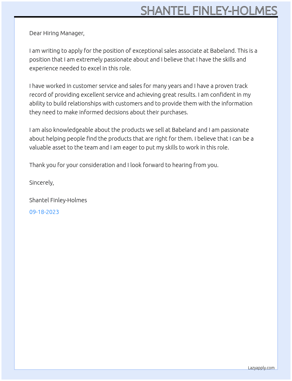 exceptional sales associate At Babeland Cover Letter