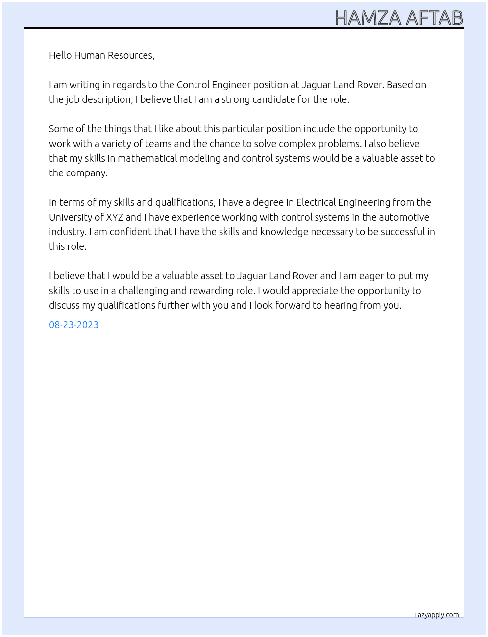 Control Engineer At jaguar land rover Cover Letter