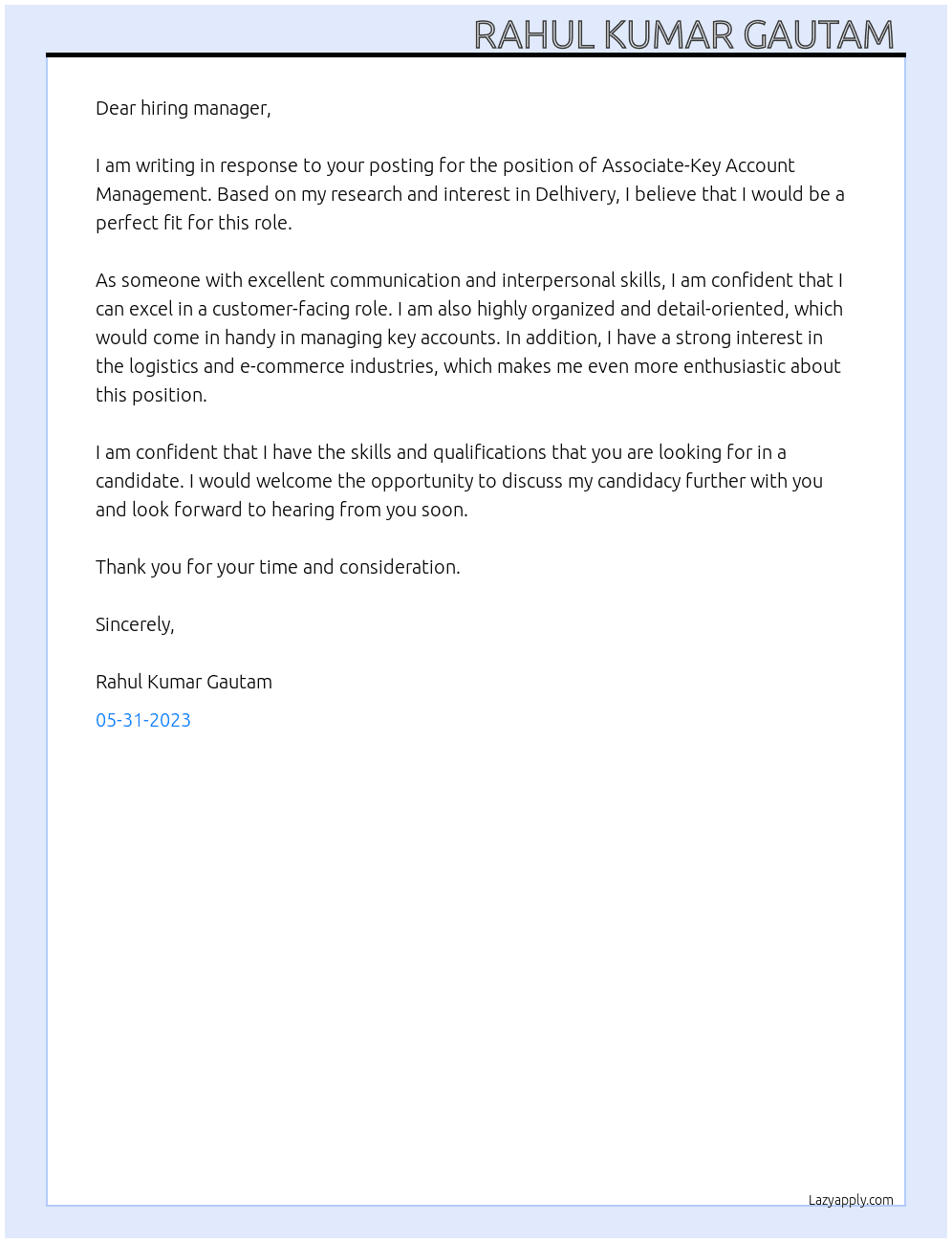 Associate-Key Account Management  At Delhivery Cover Letter