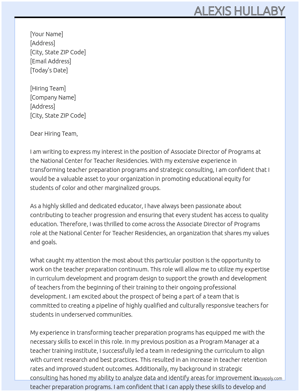 Associate Director of Programs At National Center for Teacher Residencies  Cover Letter