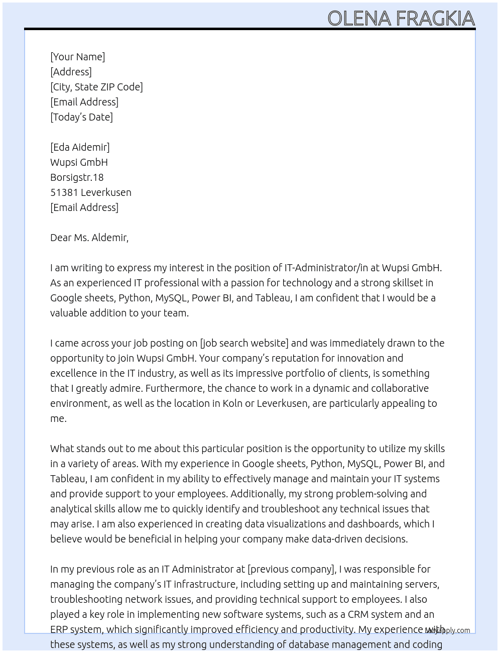 IT-Administrator/in At Wupsi GmbH Cover Letter
