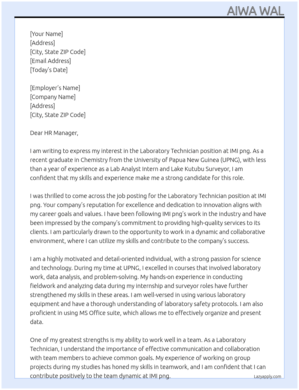 Laboratory  Technicain  At IMI png  Cover Letter