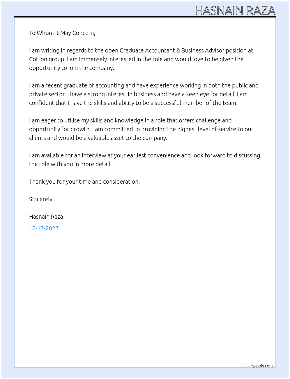 Graduate Accountant & Business Advisor  At Cotton group Cover Letter