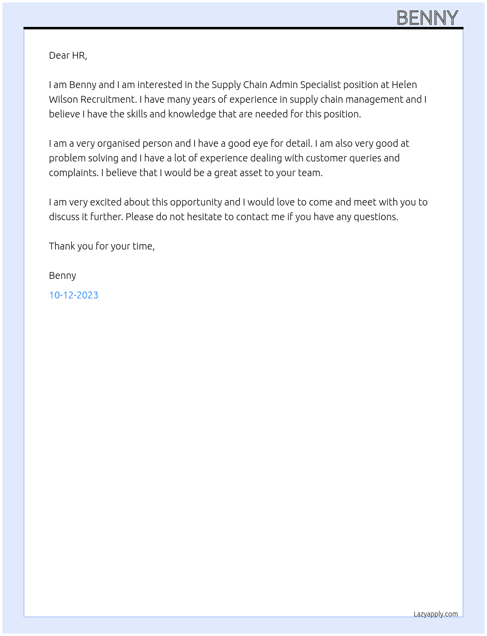 Supply chain admin specialist  At Helen Wilson Recruitment  Cover Letter