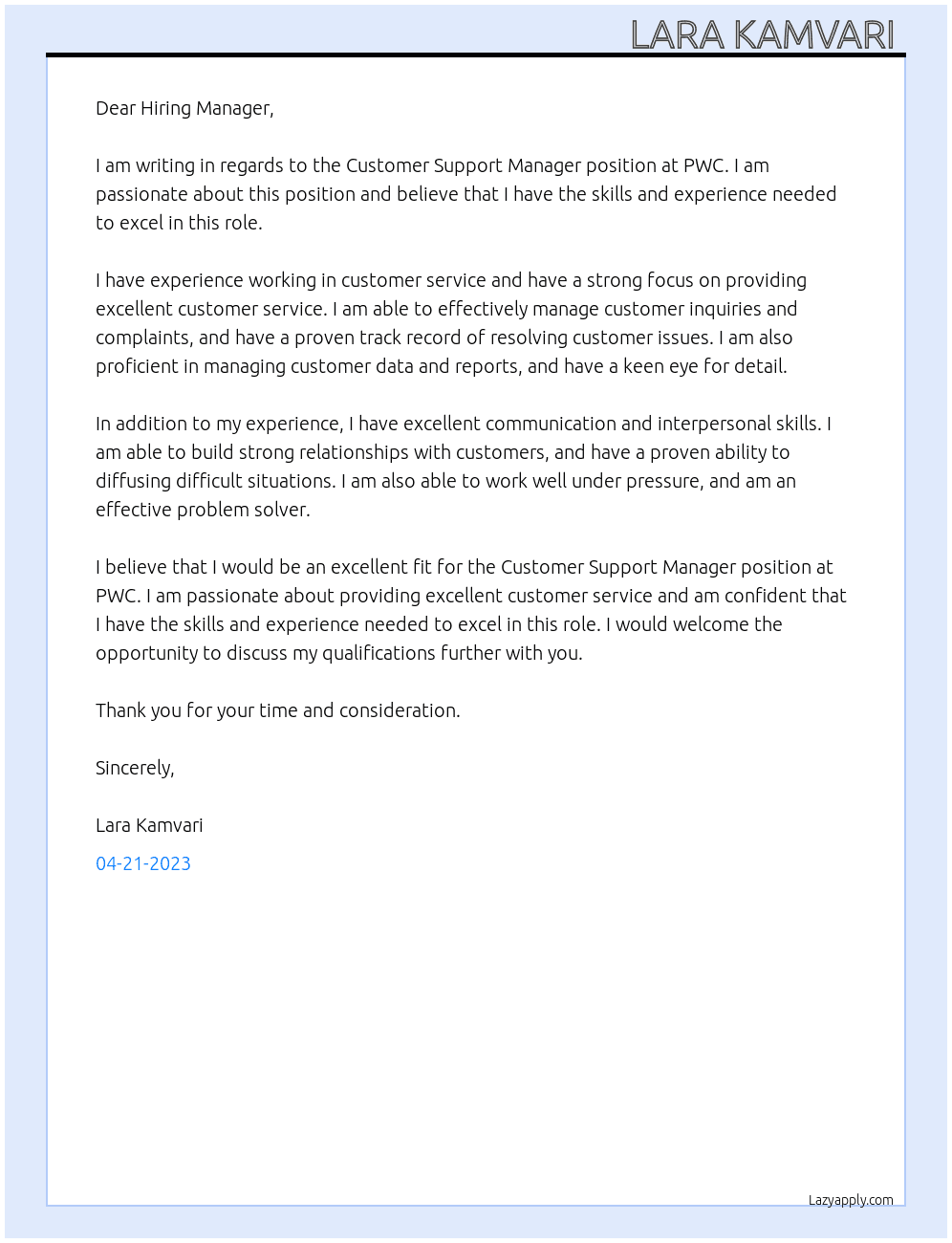 Customer support manager  At PWC  Cover Letter