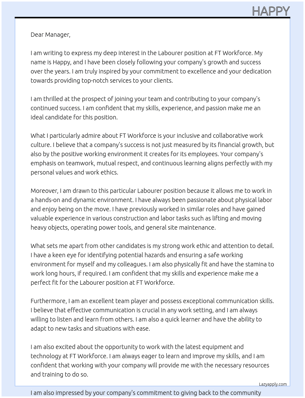 Labourer At FT workforce  Cover Letter