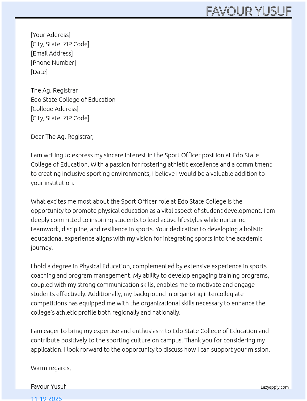 Sport officer At Edo state college of education  Cover Letter