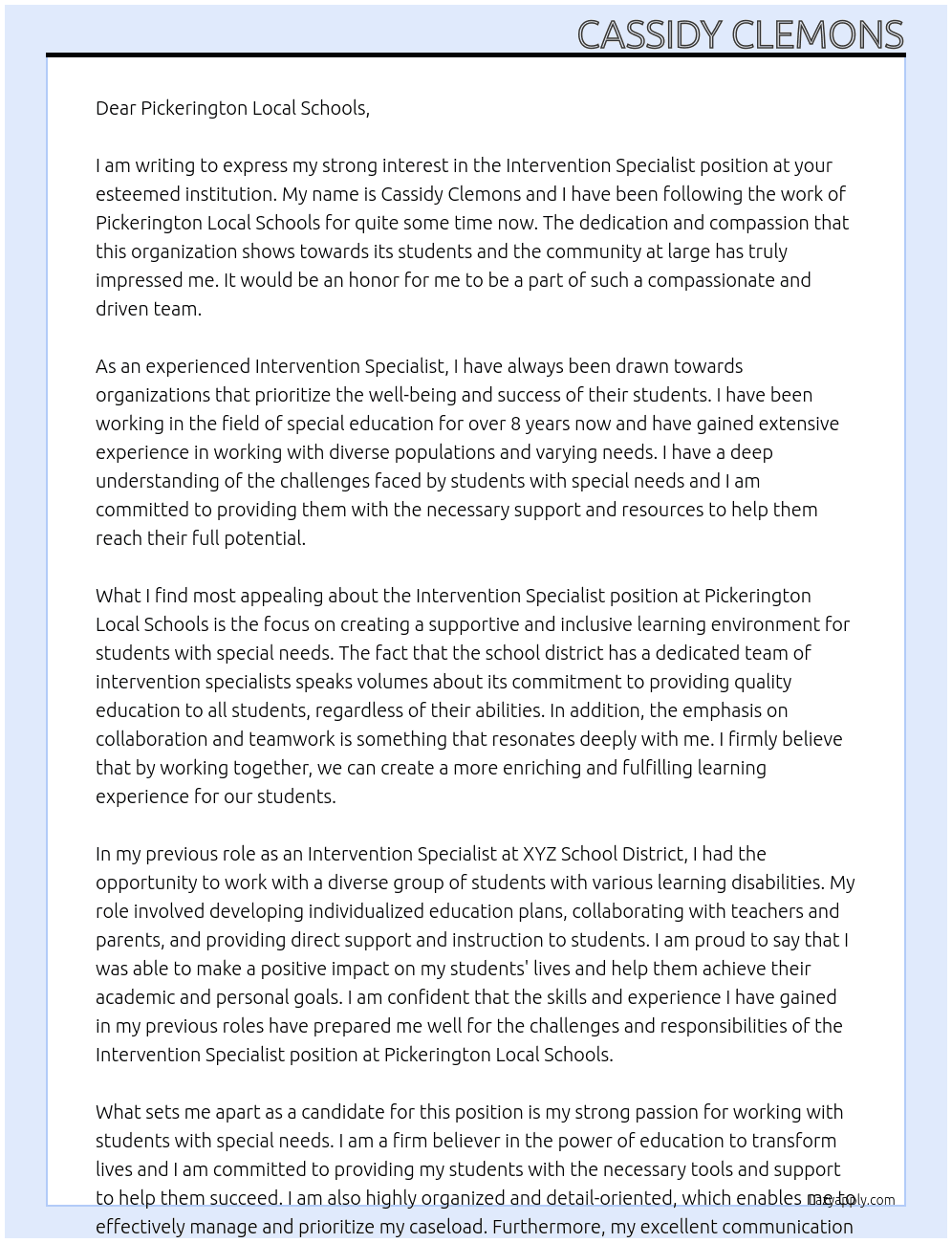 Intervention Specialist At Pickerington Local Schools Cover Letter