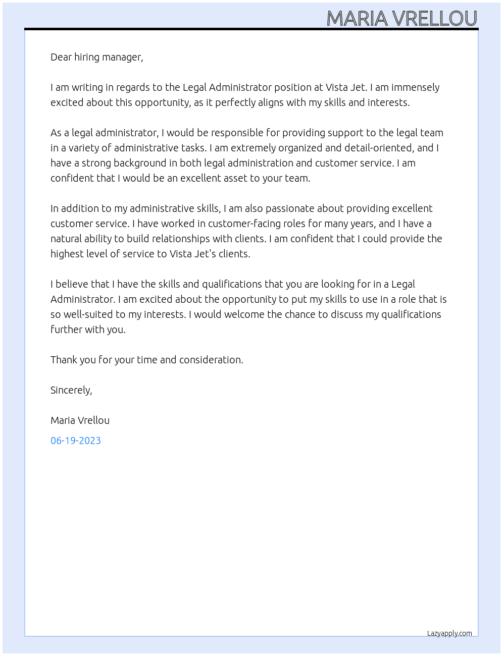 Legal Administrator At vista jet Cover Letter