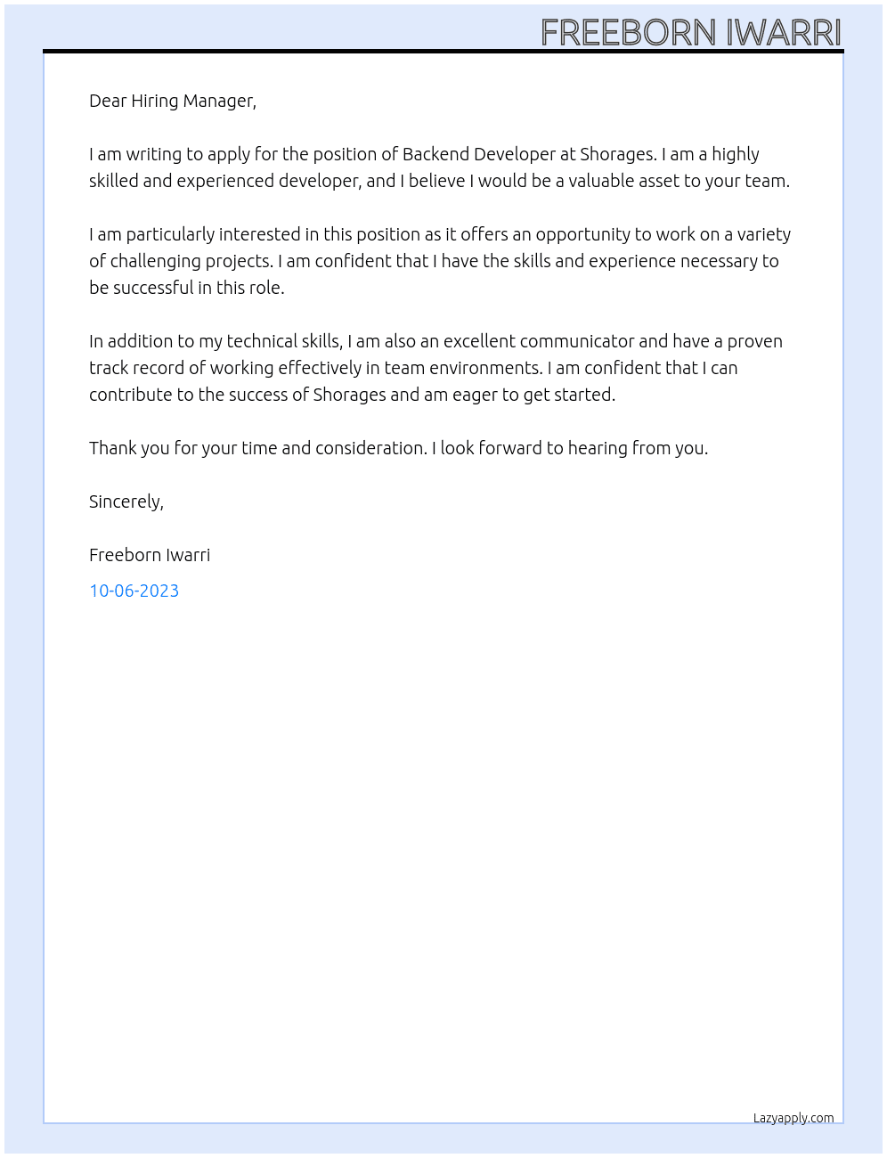 Backend Developer At Shorages Cover Letter