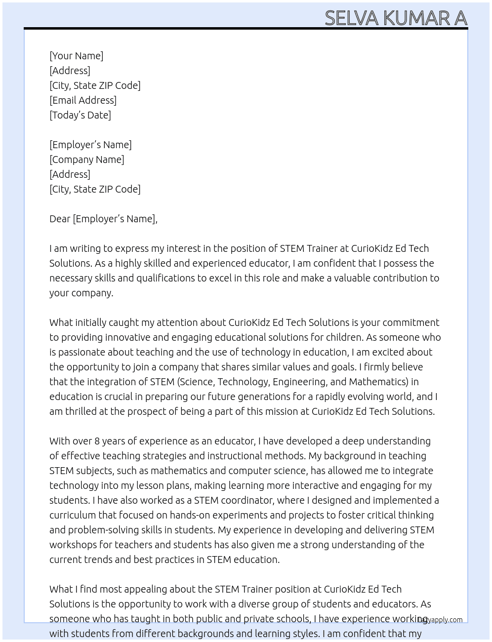 stem trainer At CURIOKIDZ ED TECH SOLUTIONS Cover Letter