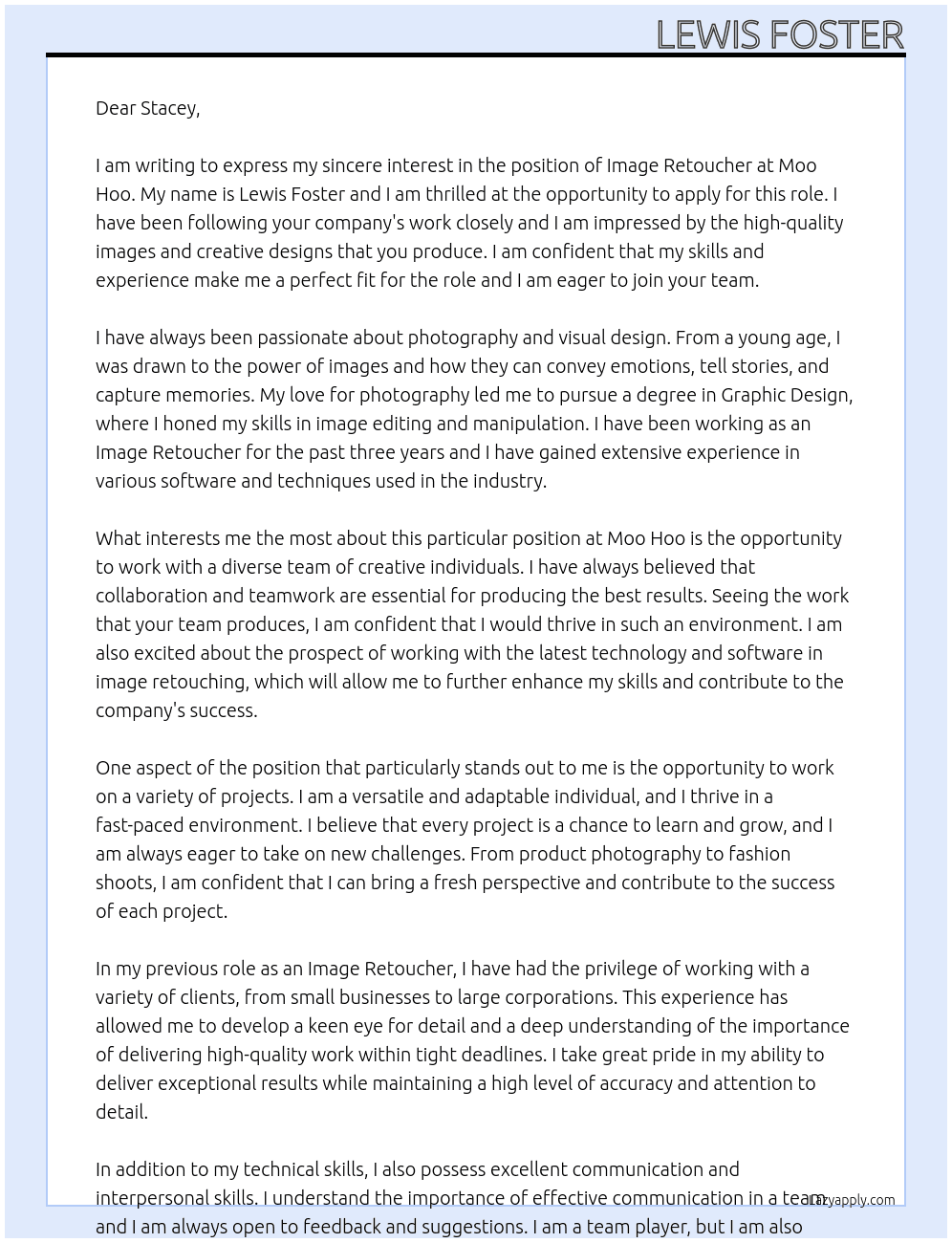 Image Retoucher At moo hoo Cover Letter