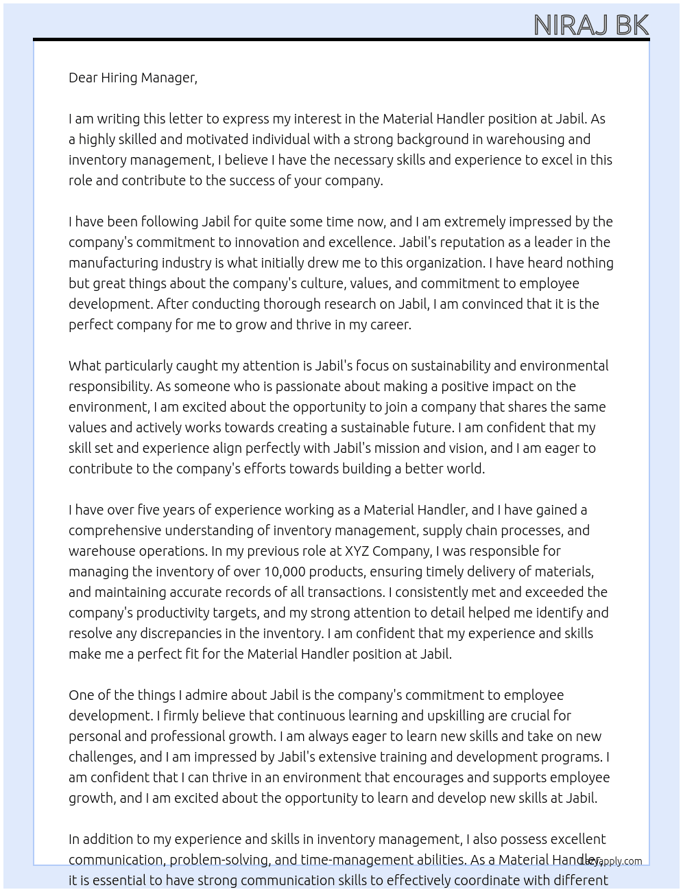 Material handler  At Jabil Cover Letter