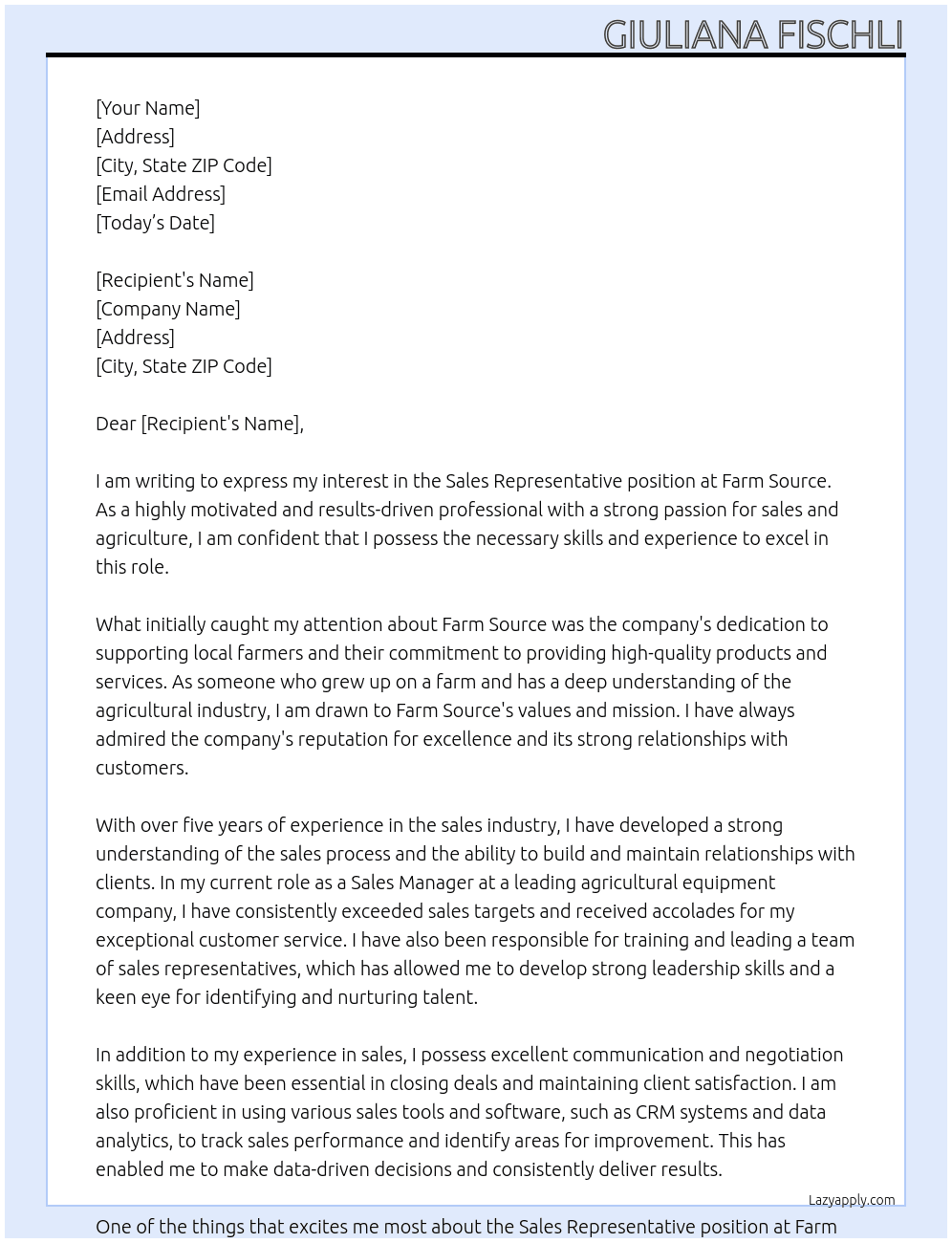 Sales representative At Farm Source Cover Letter